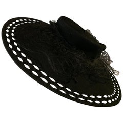 1940s Black Wool Felt Wide Brimmed Hat W/ Marquis-Shaped Cut-Outs And Veil