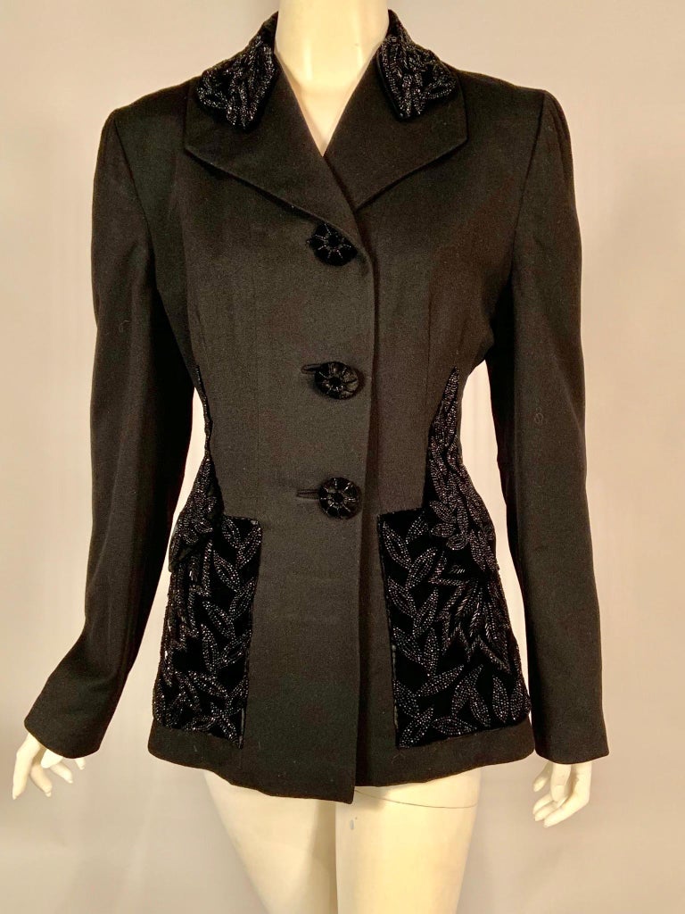 1940's Black Wool Jacket with Black Beaded Velvet Collar and Pocket ...
