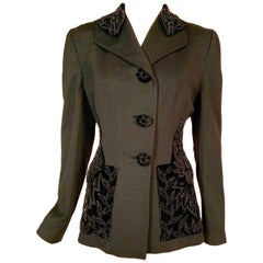 1940
s Black Wool Jacket with Black Beaded Velvet Collar and Pocket Decoration 1940
s Black Wool Jacket with Black Beaded Velvet Collar and Pocket Decoration