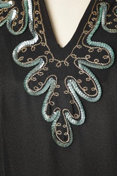 1940's Black wool "trompe l'oeil" dress with sequin and gold thread embroderies
