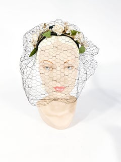 1940s Black Woven Straw Hat with Flowers and Full-face Veil