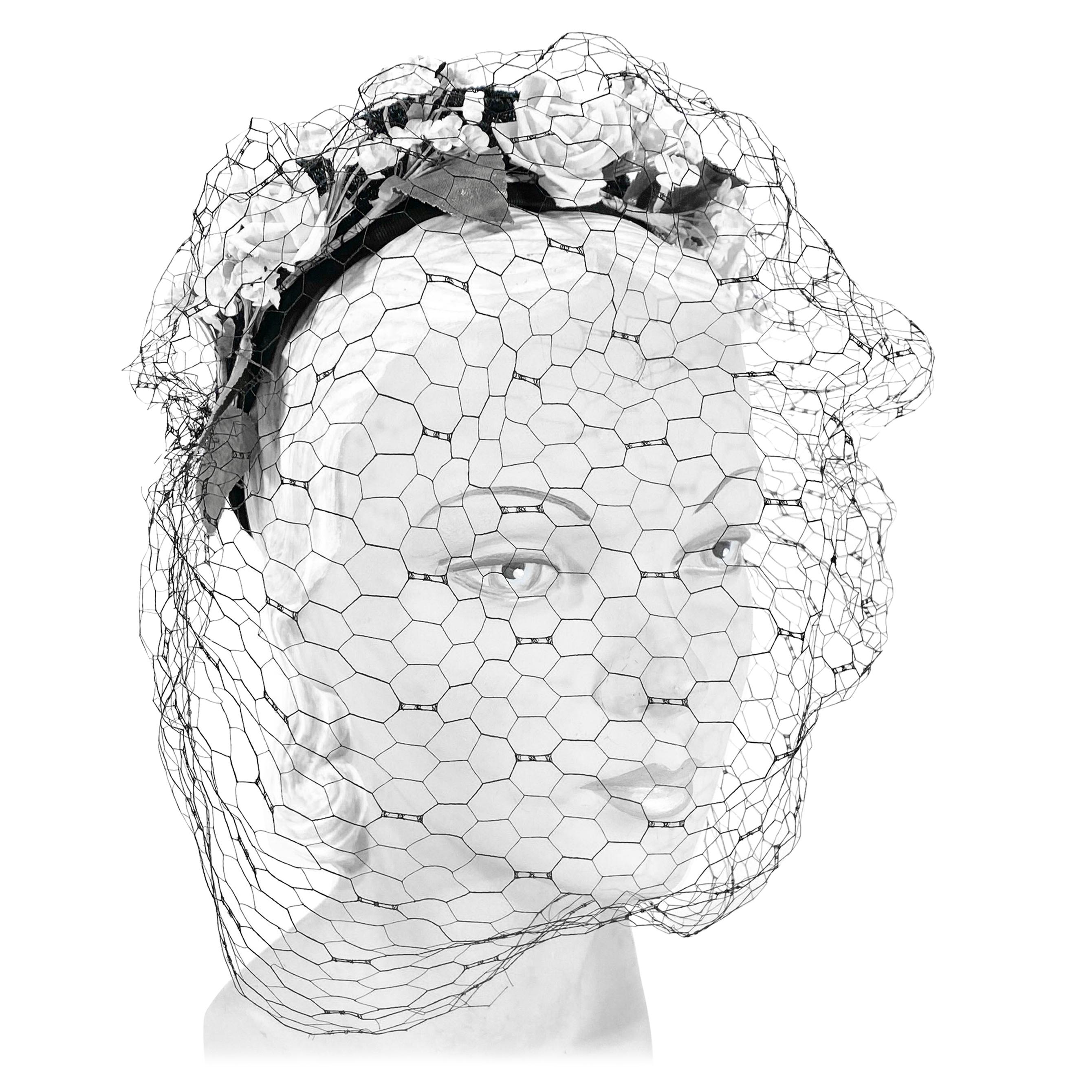 1940s Black Woven Straw Hat with Flowers and Full-face Veil