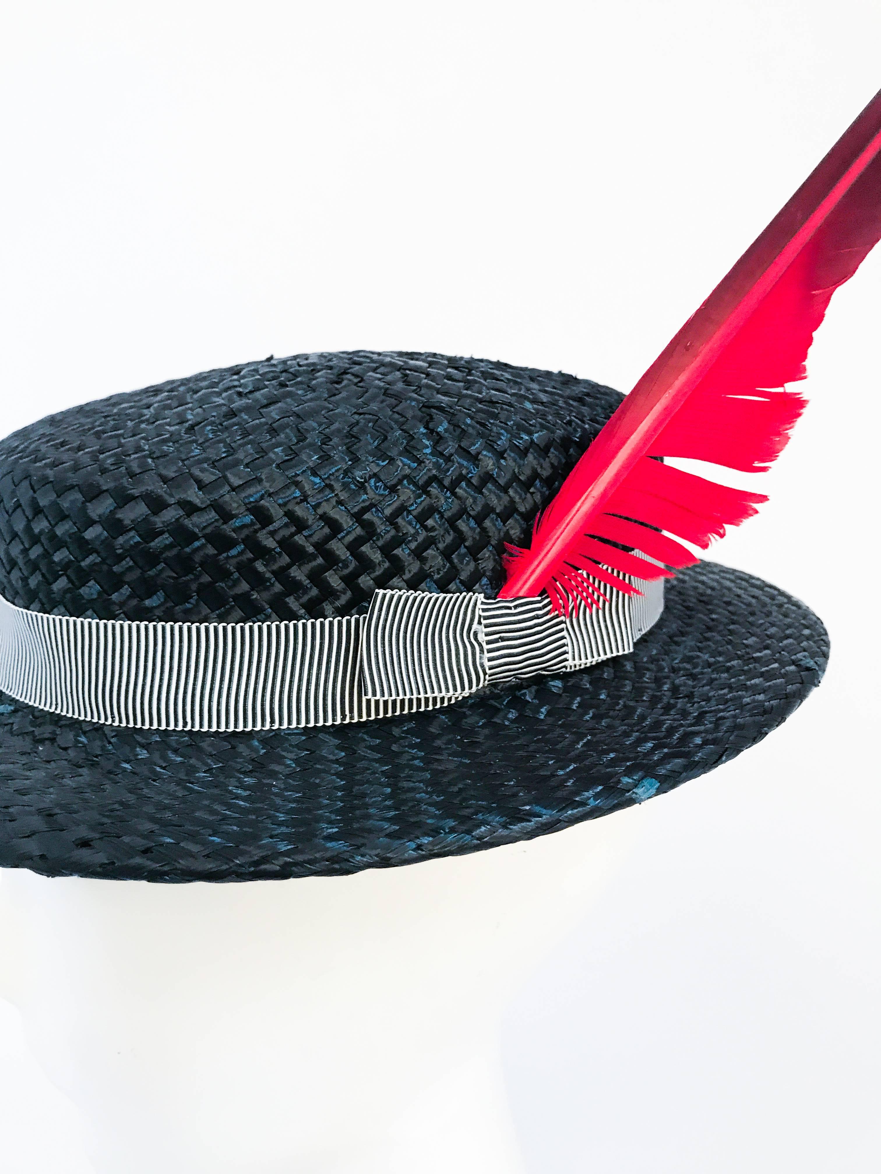 1940s Black Woven Straw Hat with Large Feather Accent For Sale 1