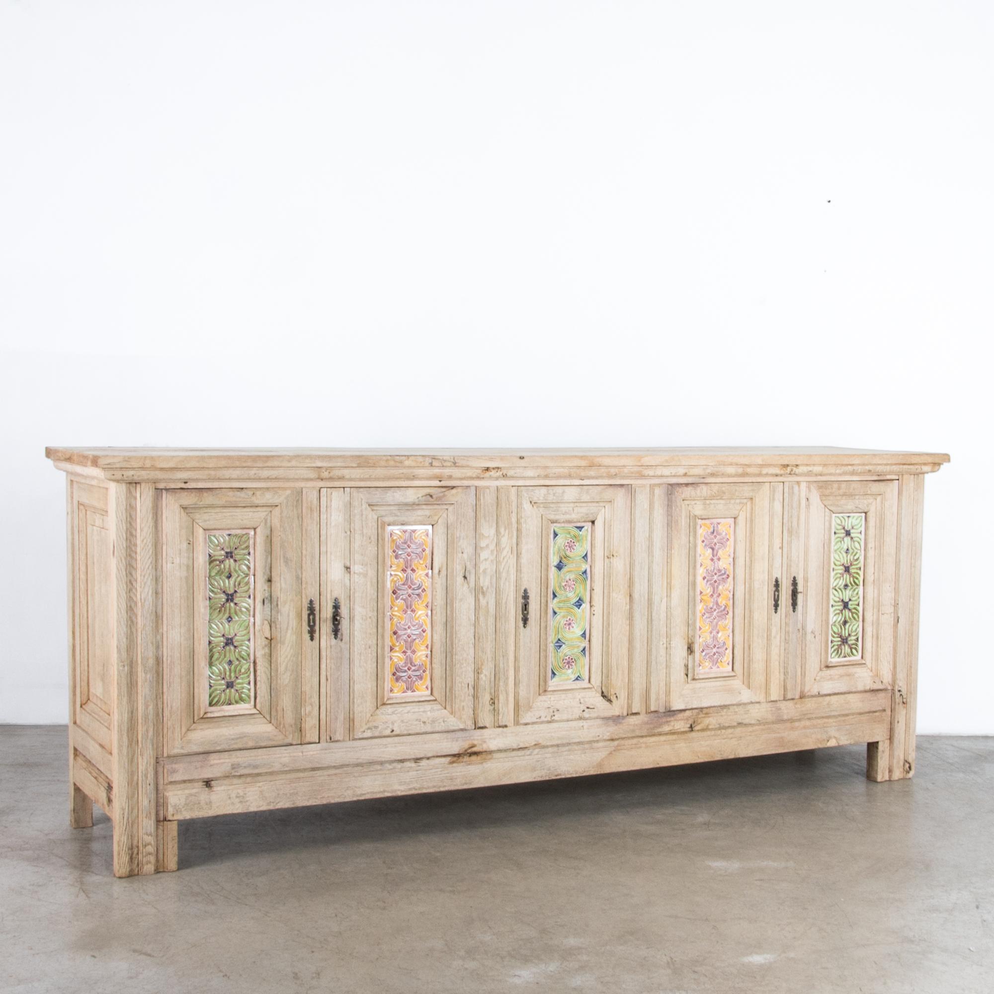 French 1940s Bleached Oak Buffet with Glazed Tile Decoration