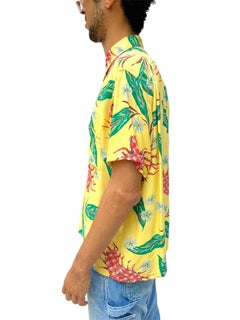 1940S BLOCKS Yellow Tropical Rayon & Silk Crabs Shirt