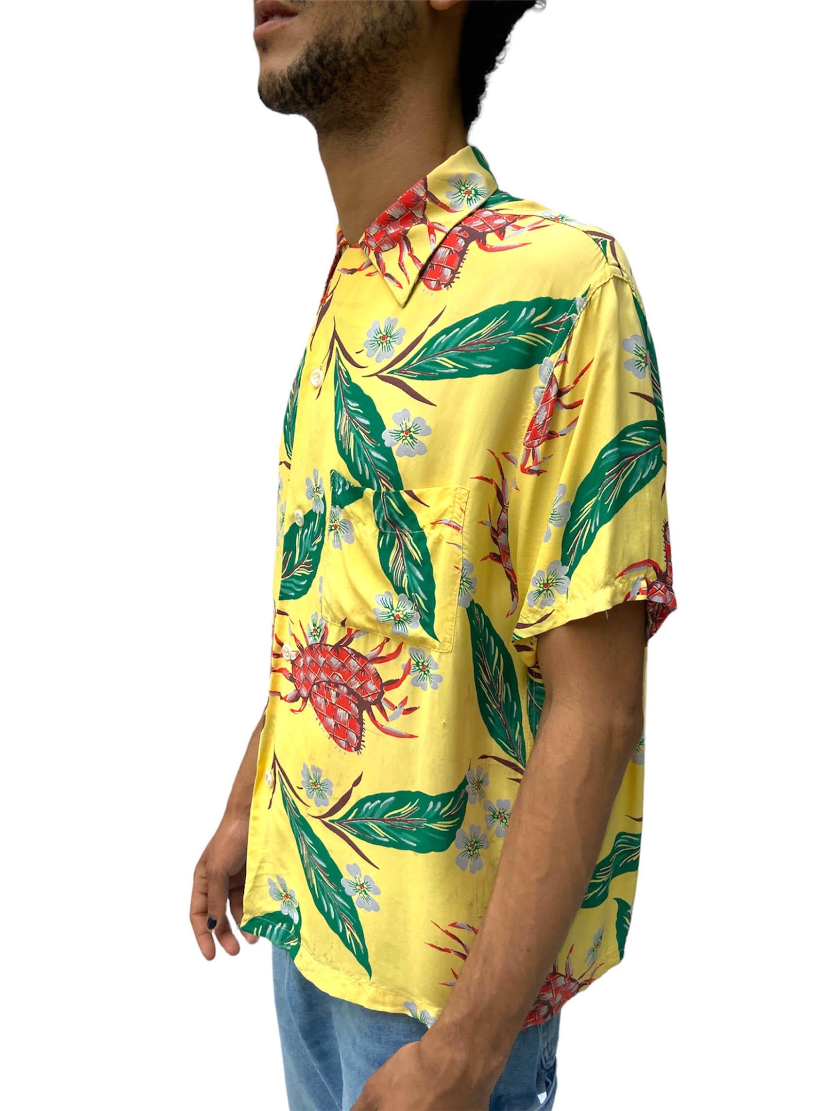 Men's 1940S Blocks Yellow Tropical Rayon & Silk Crabs Shirt For Sale