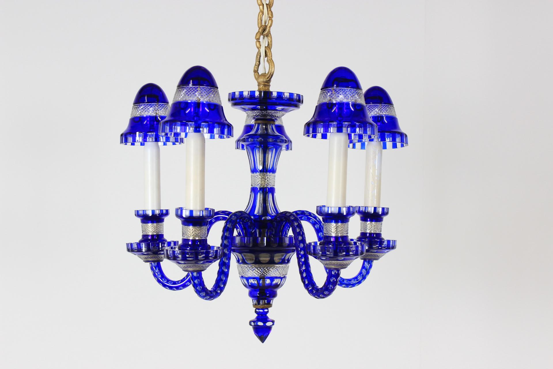 1940s Blue All Glass Chandelier, Czechoslovakia In Good Condition For Sale In Praha, CZ