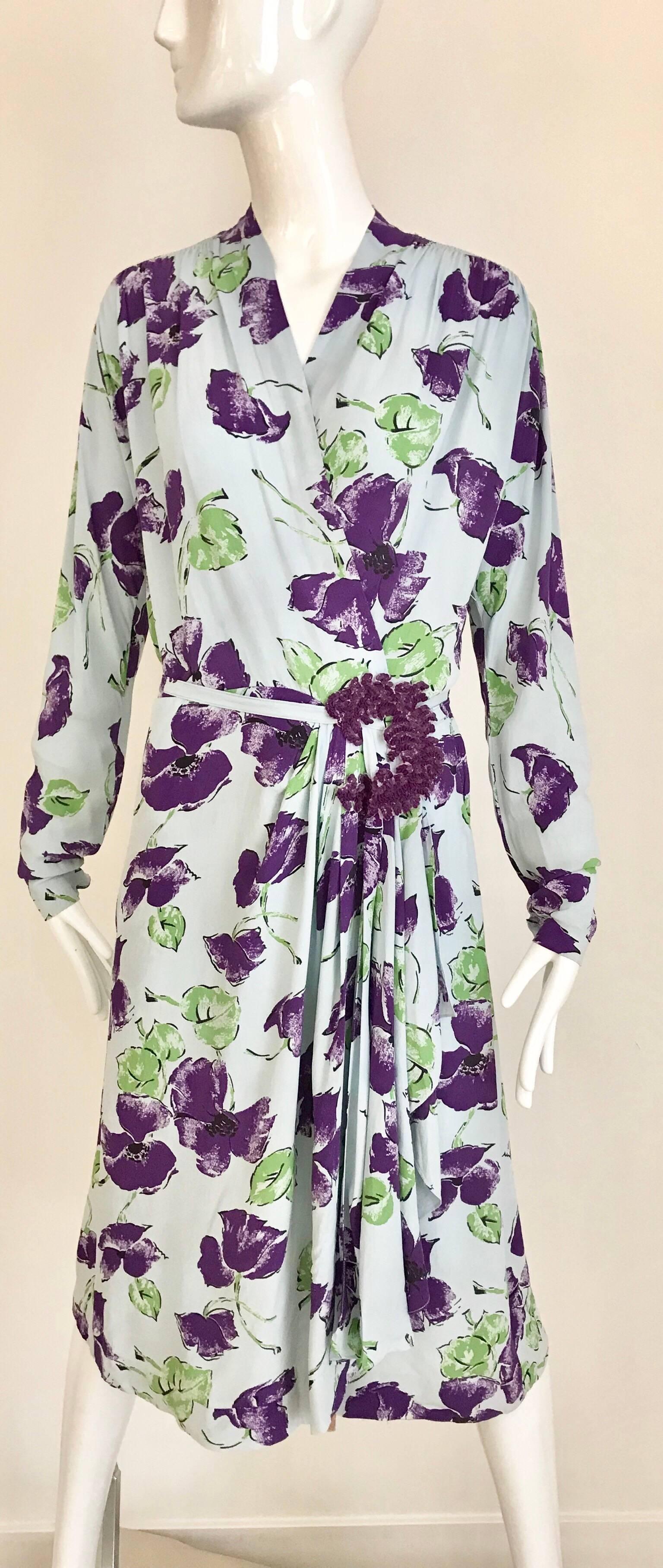 1940s Blue and Purple Floral Print Rayon Dress For Sale at 1stDibs ...