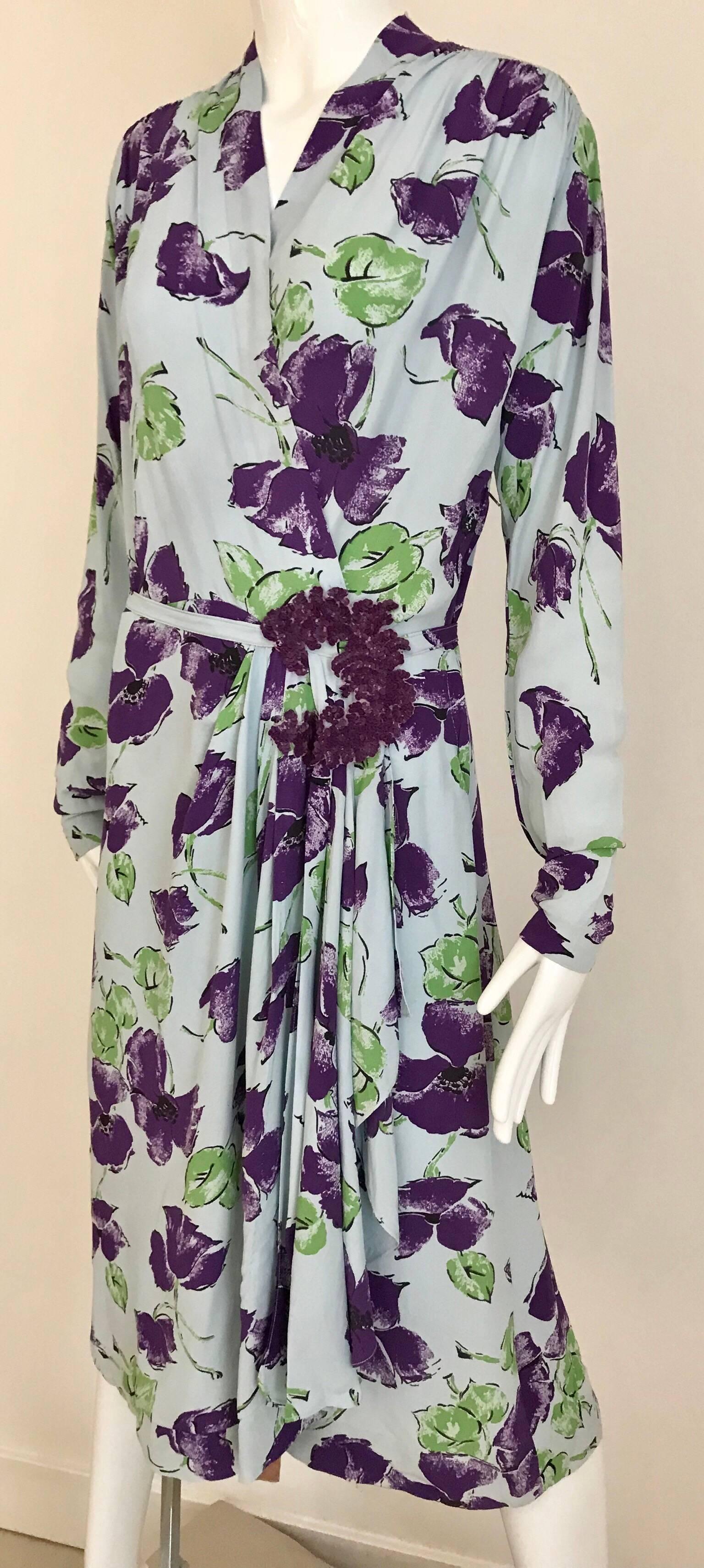 Gray 1940s Blue and Purple Floral Print Rayon Dress For Sale