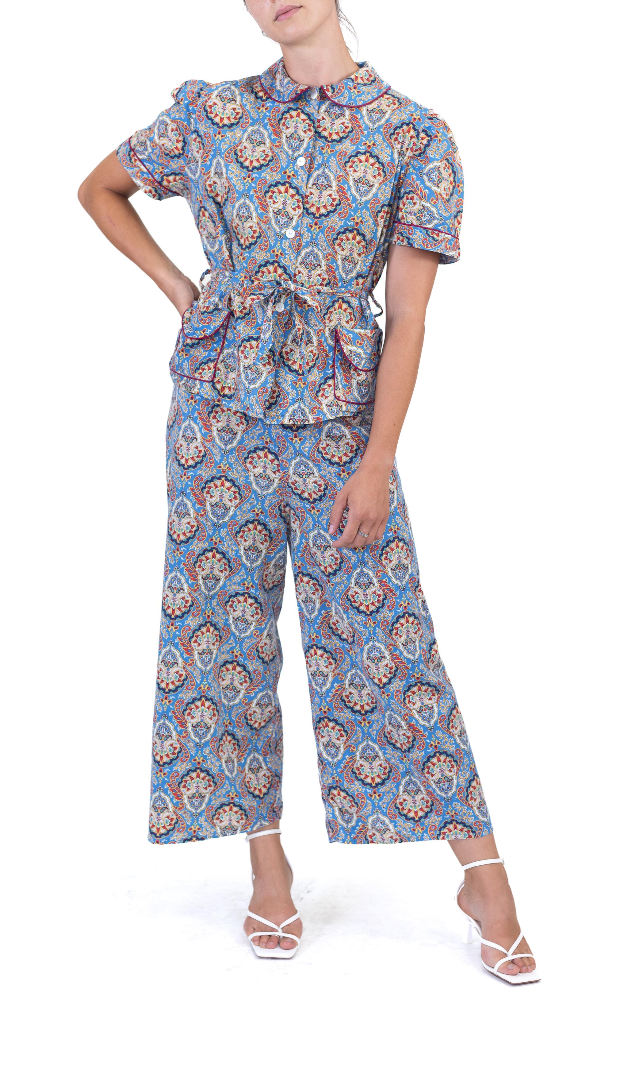 Pajamas en rayonne bleue à motif cachemire des années 1940 en vente 1