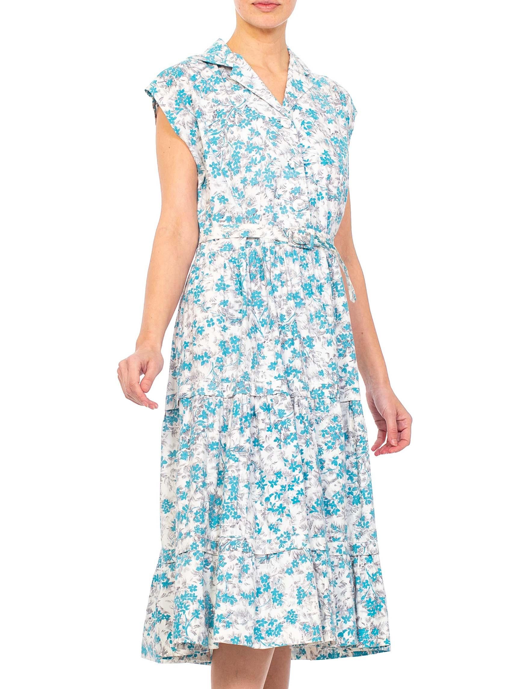 Gray 1950S Blue & White Floral Cotton Button Down Day Dress With Belt For Sale