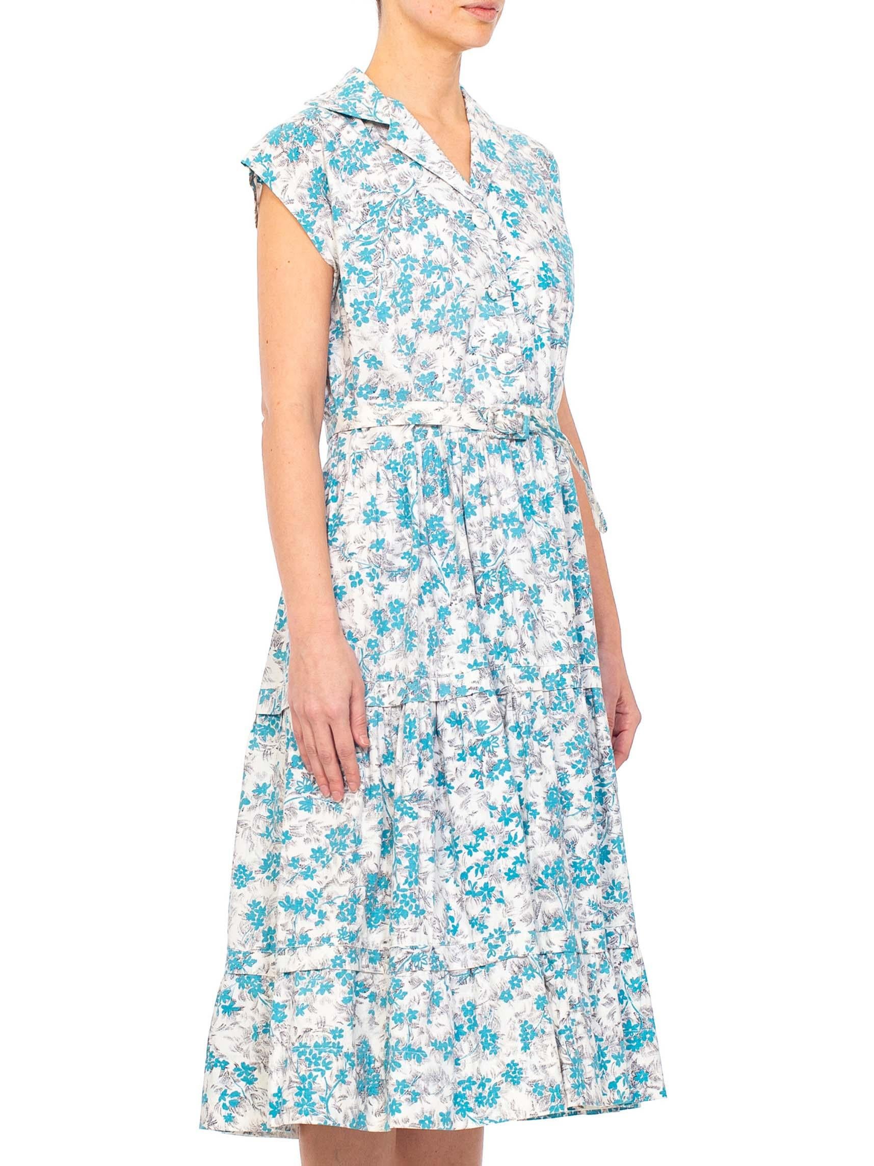 1950S Blue & White Floral Cotton Button Down Day Dress With Belt For Sale 1