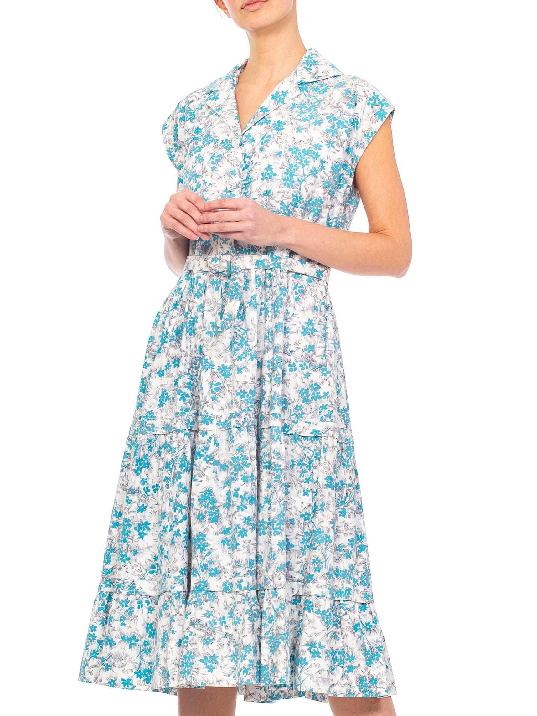 1950S Blue & White Floral Cotton Button Down Day Dress With Belt For Sale 2