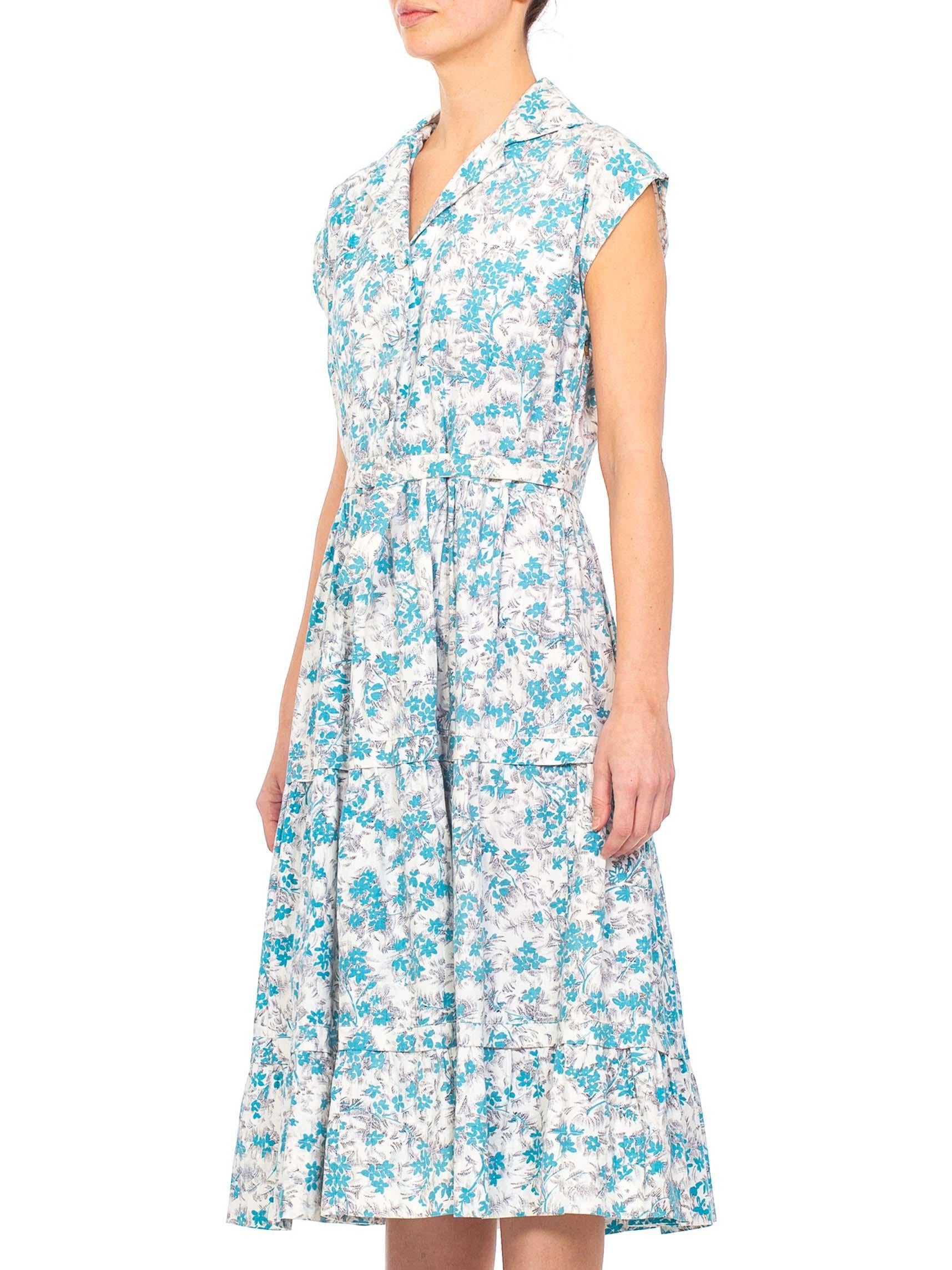 1950S Blue & White Floral Cotton Button Down Day Dress With Belt For Sale 3