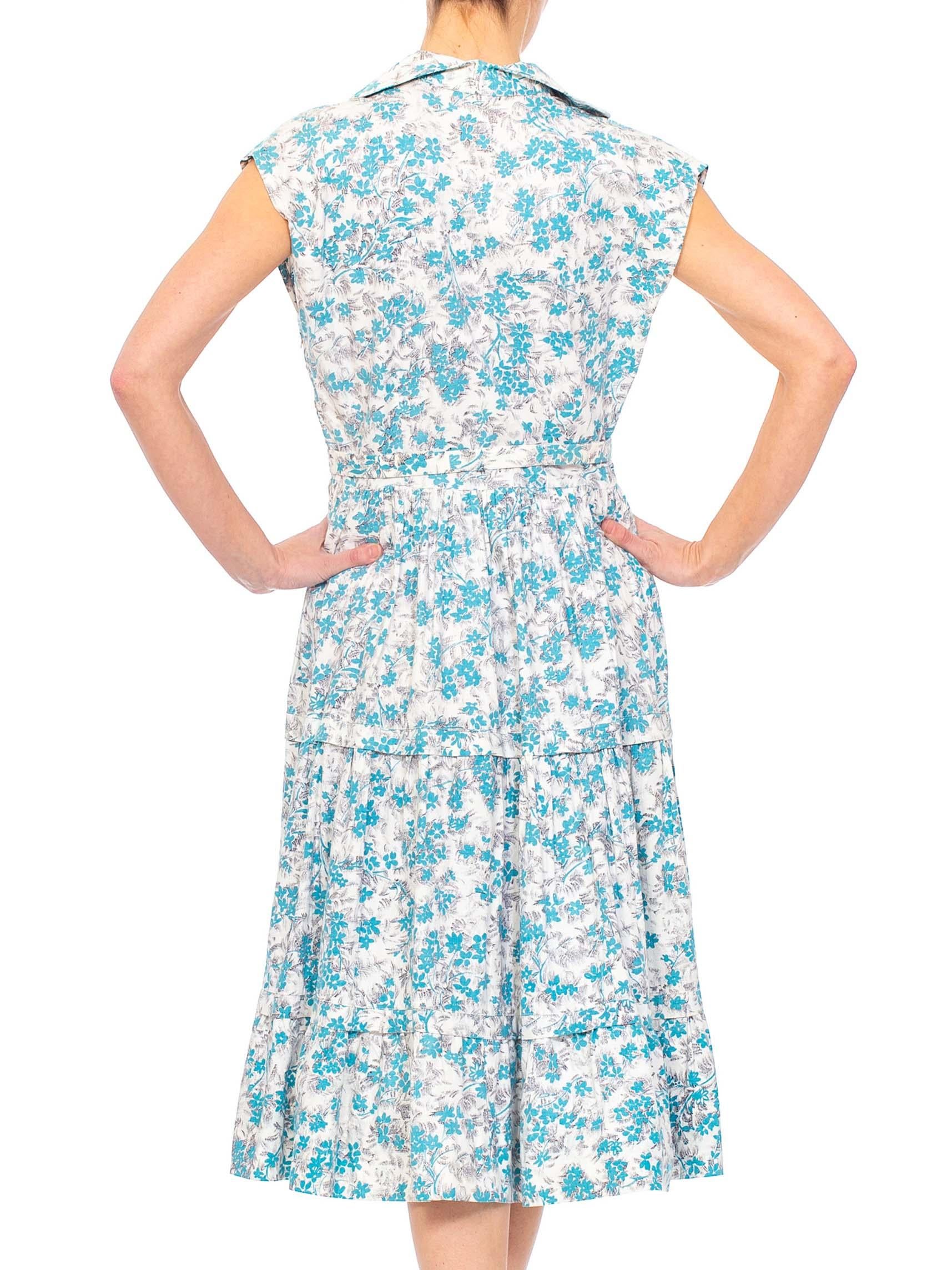 1950S Blue & White Floral Cotton Button Down Day Dress With Belt For Sale 5