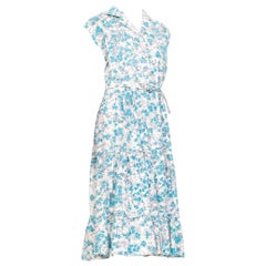 Retro 1950S Blue & White Floral Cotton Button Down Day Dress With Belt