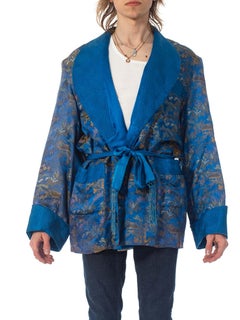 1940S Blue & Gold Silk Brocade Mens Smoking Jacket With Belt