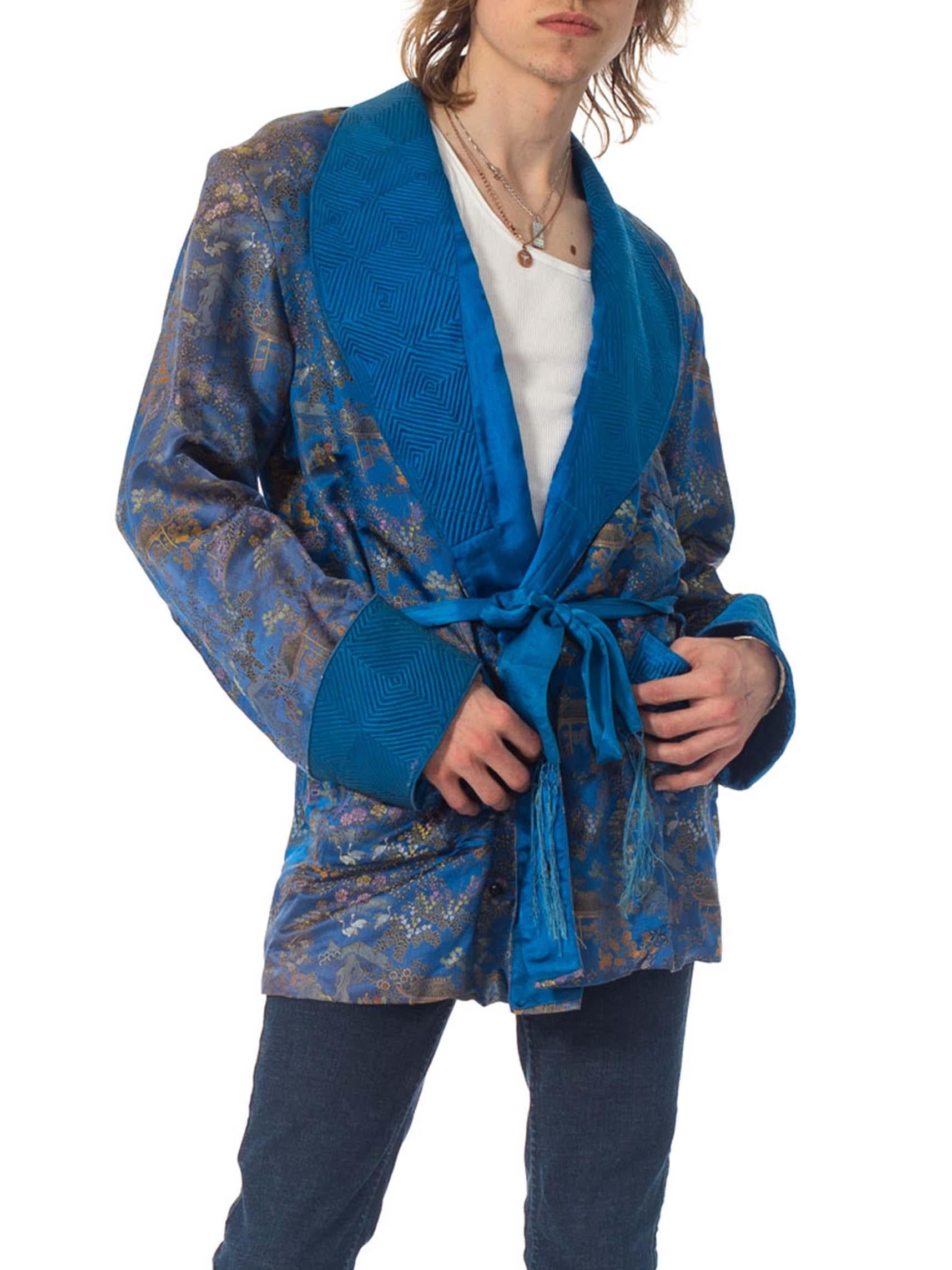 Men's 1940S Blue & Gold Silk Brocade Mens Smoking Jacket With Belt
