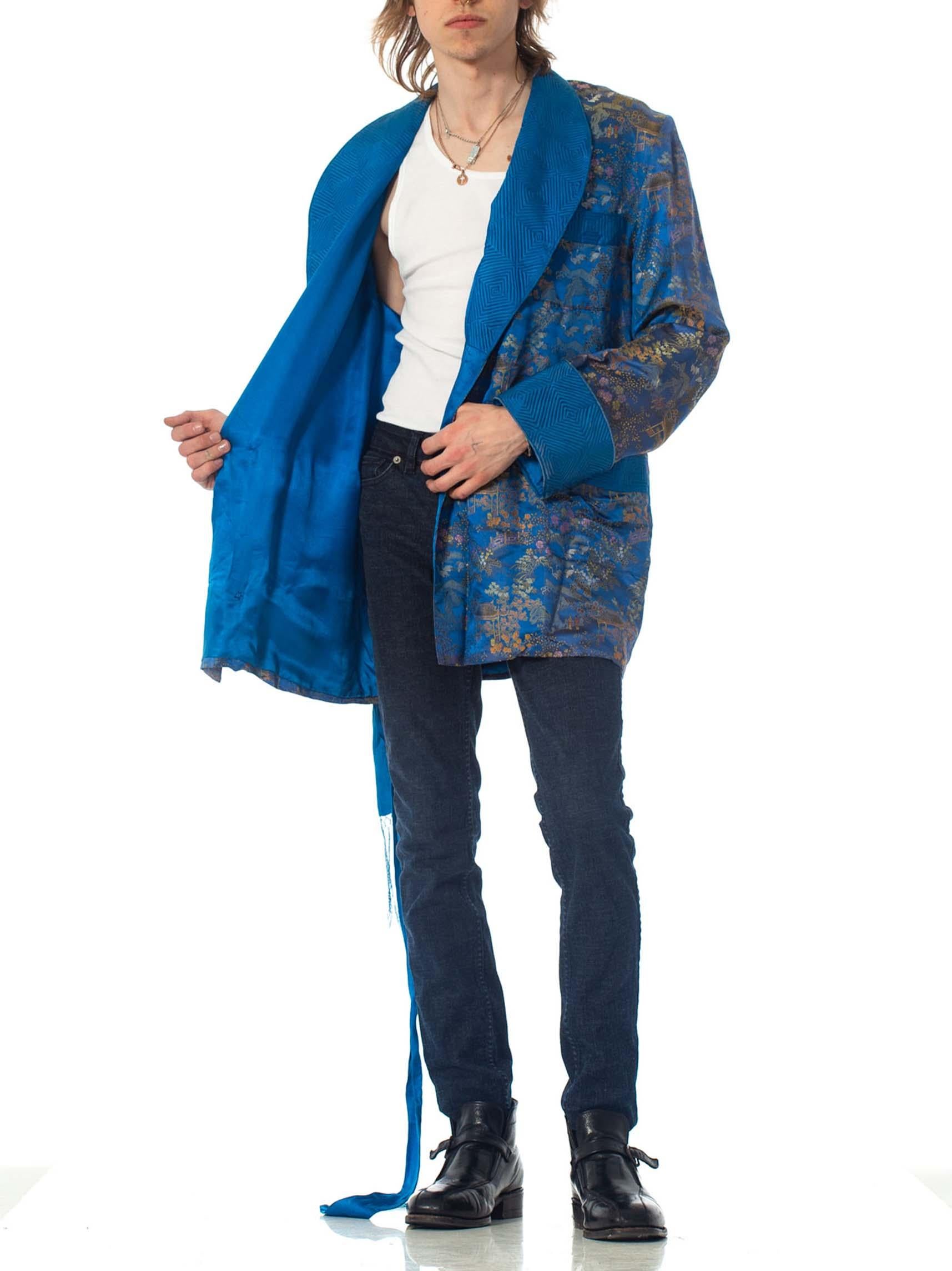 1940S Blue & Gold Silk Brocade Mens Smoking Jacket With Belt 1