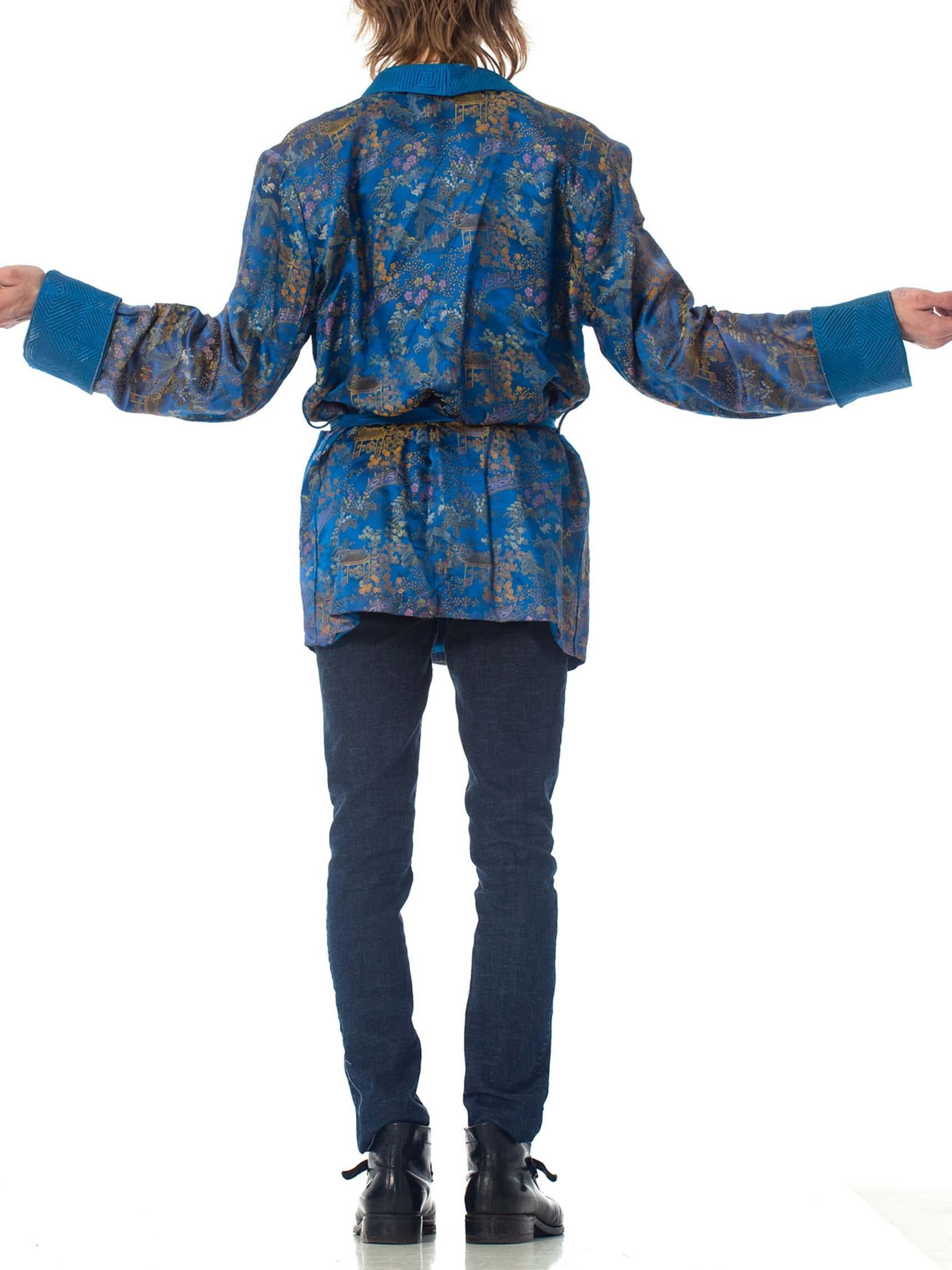 1940S Blue & Gold Silk Brocade Mens Smoking Jacket With Belt 3