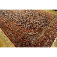 1940s Blue Navy Floral Medallion Antique Qazvin Kashan Knotted Wool Carpet Rug