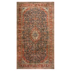 1940s Blue Navy Floral Medallion Antique Qazvin Kashan Knotted Wool Carpet Rug