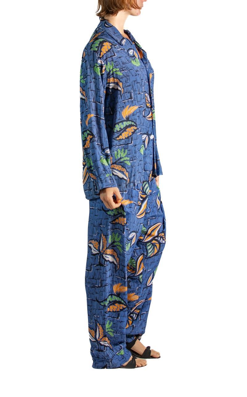 1940S Blue & Orange Cold Rayon Men's Rare Modernist Tropical Floral Print Pajamas