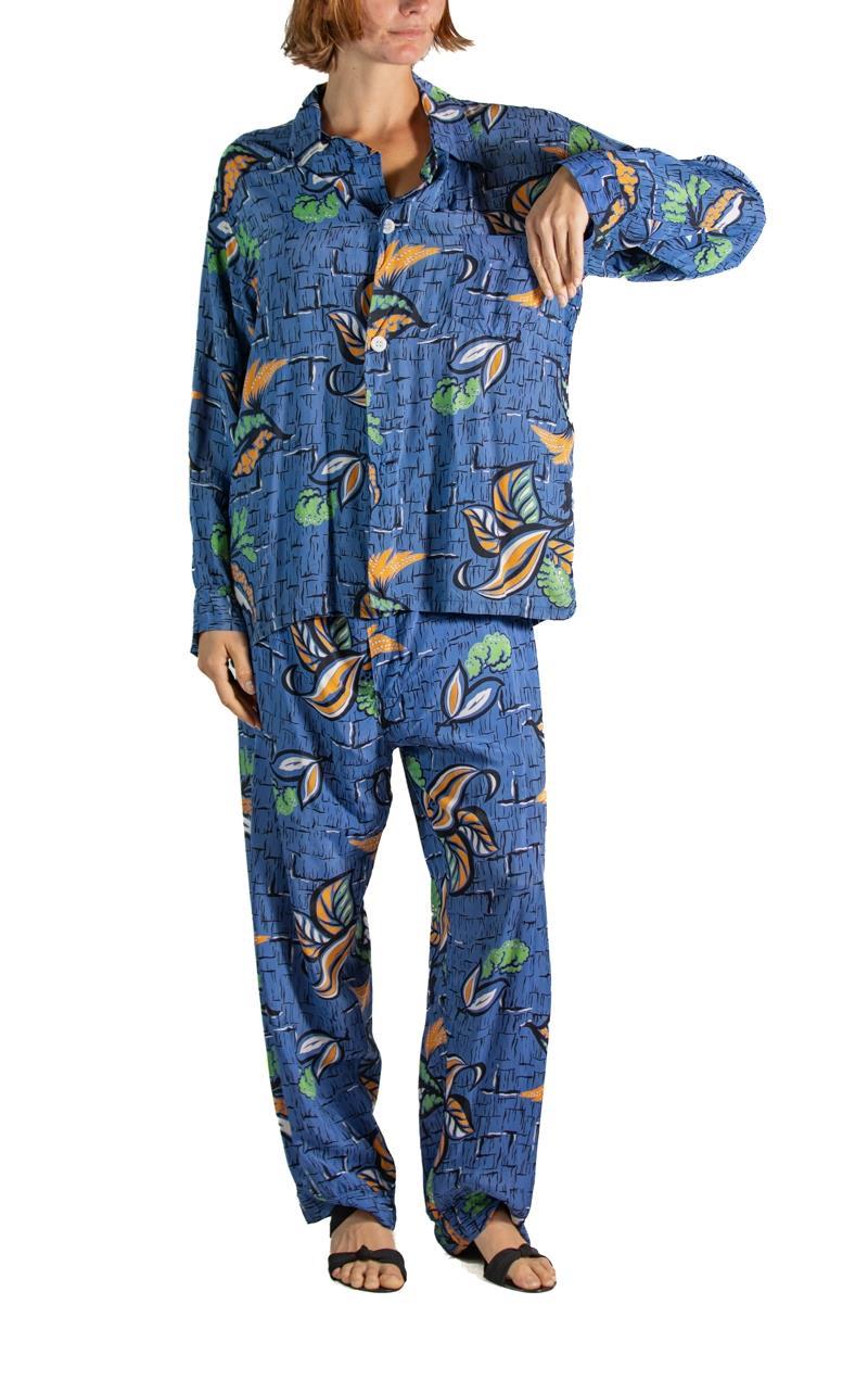 Women's or Men's 1940S Blue & Orange Cold Rayon Men's Rare Modernist Tropical Floral Print Pajam