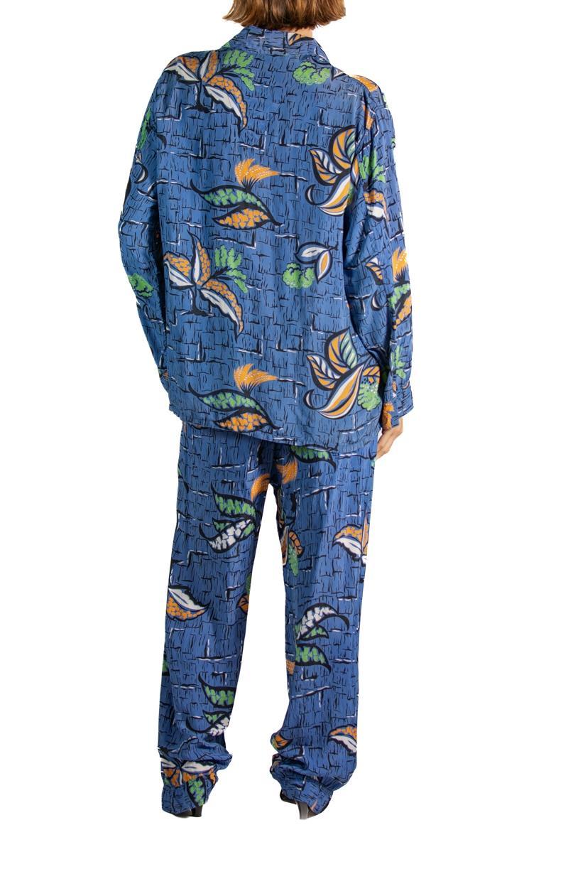 1940S Blue & Orange Cold Rayon Men's Rare Modernist Tropical Floral Print Pajam 1