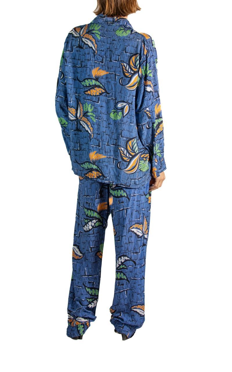 1940S Blue & Orange Cold Rayon Men's Rare Modernist Tropical Floral Print Pajam 3