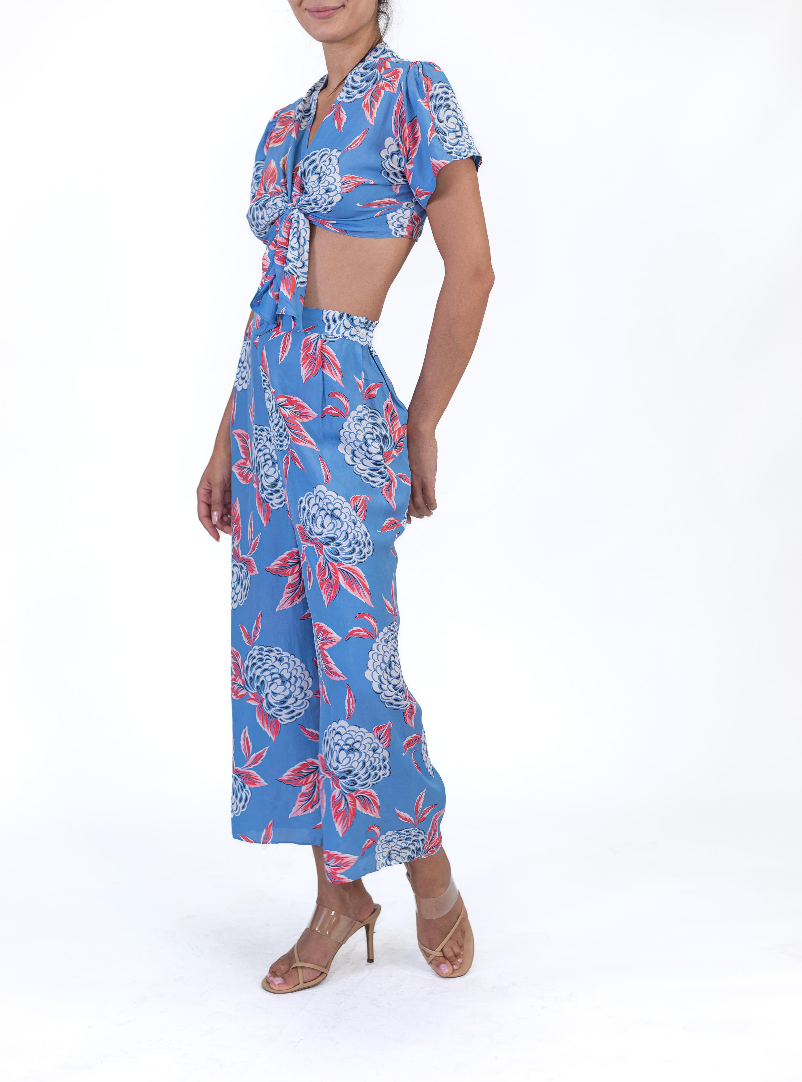 1940S Blau & Rosa Kalt Rayon Floral Crop Top Hosen Pyjamas