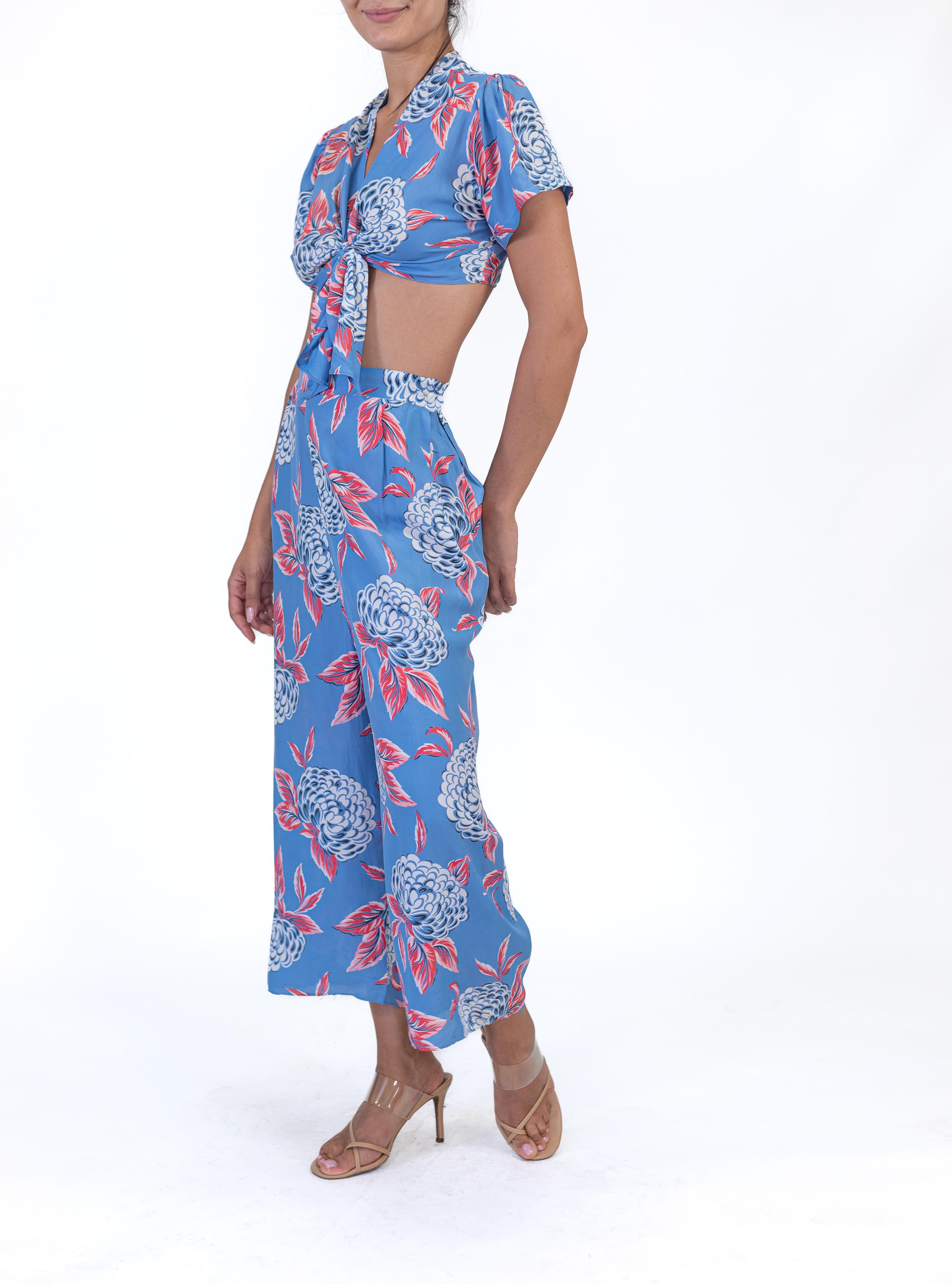 1940S Blue & Pink Cold Rayon Floral Crop Top Pants Pajamas For Sale 1