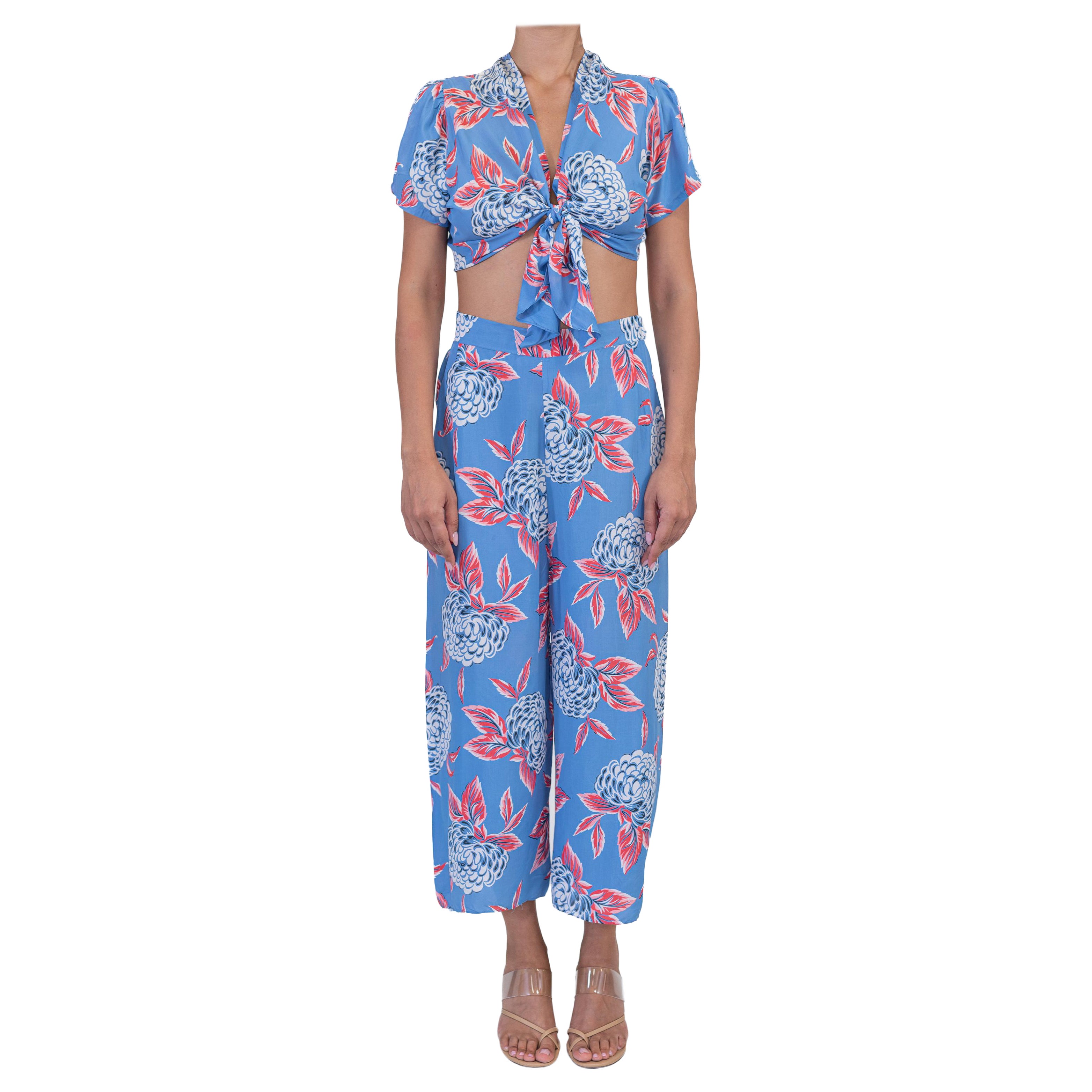 1940S Azul y Rosa Frío Rayón Floral Crop Top Pantalones Pijama