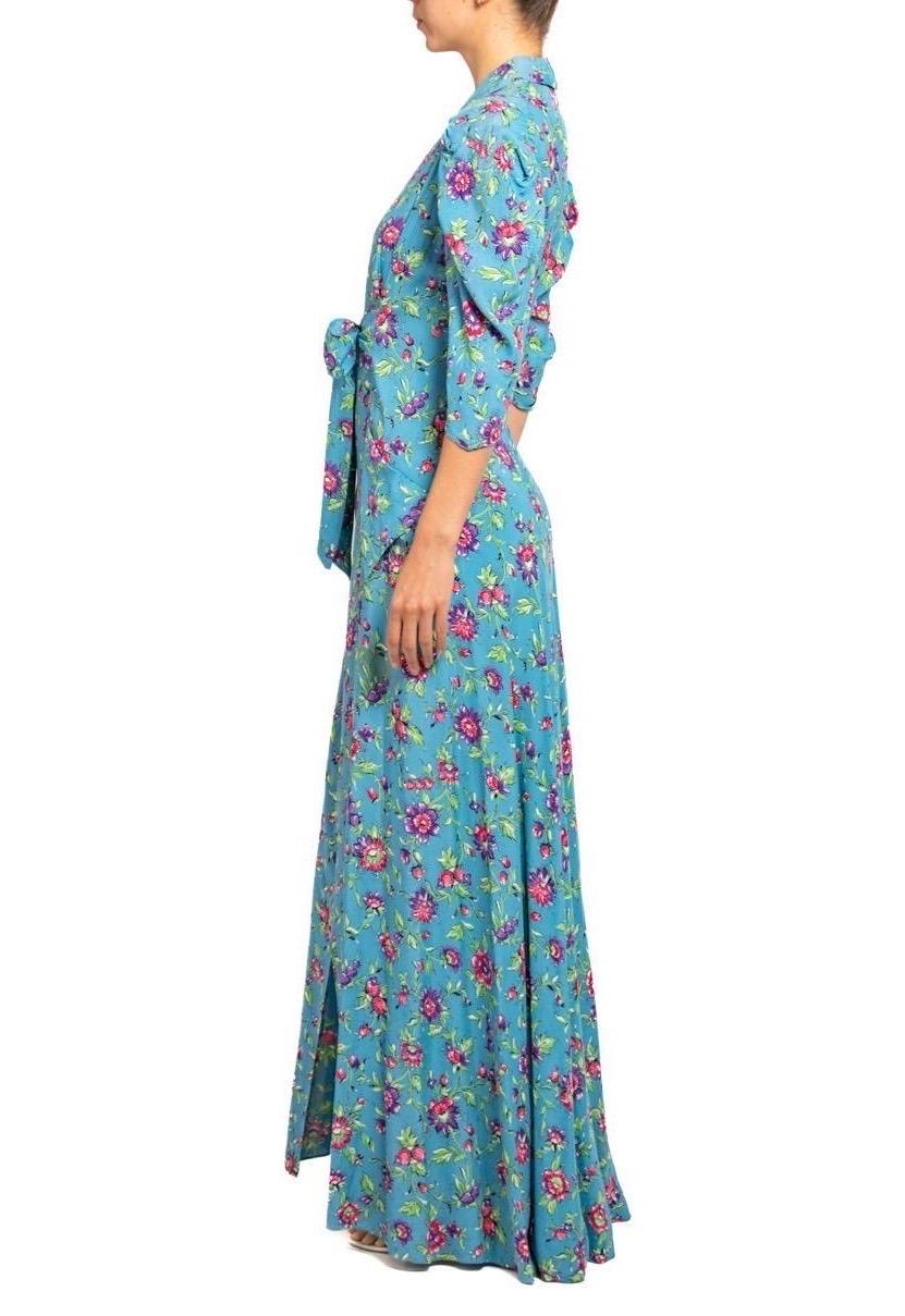 Women's 1940S Blue & Pink Floral Cold Rayon Zipper Front Dress For Sale