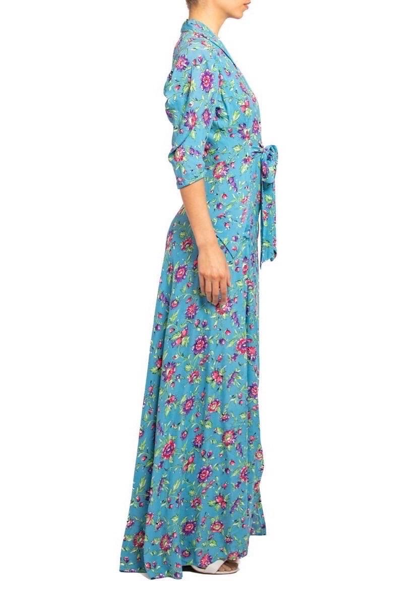1940S Blue & Pink Floral Cold Rayon Zipper Front Dress For Sale 1
