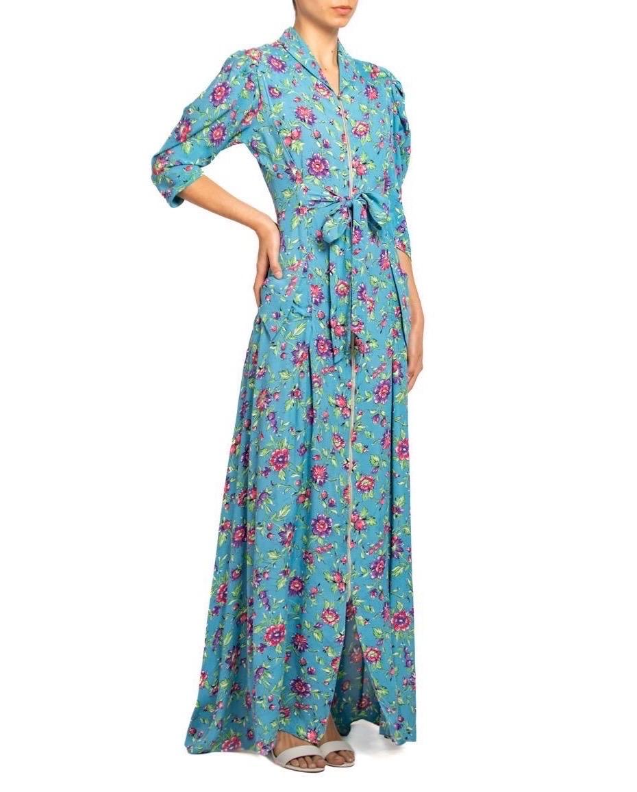 1940S Blue & Pink Floral Cold Rayon Zipper Front Dress For Sale 2