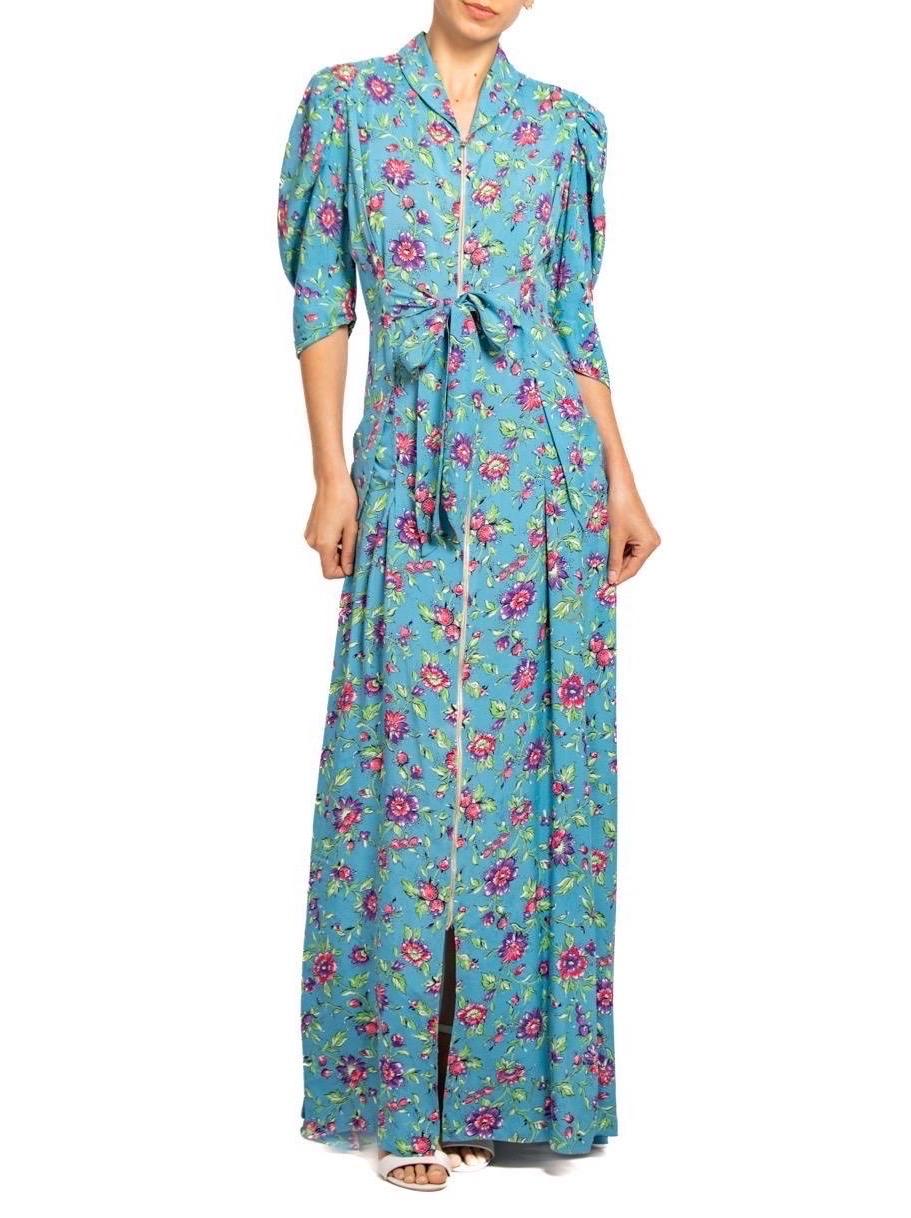 1940S Blue & Pink Floral Cold Rayon Zipper Front Dress For Sale 3