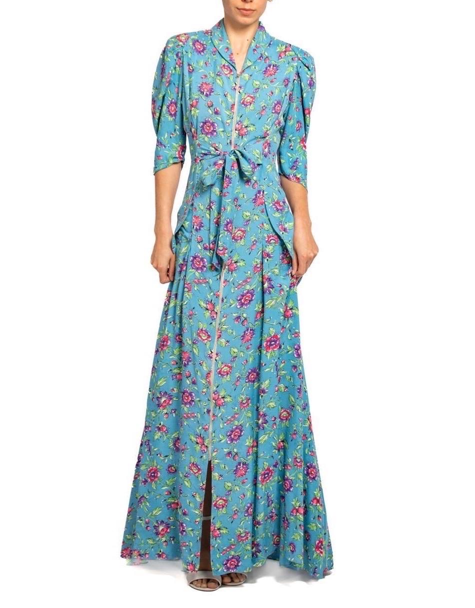 1940S Blue & Pink Floral Cold Rayon Zipper Front Dress For Sale 4