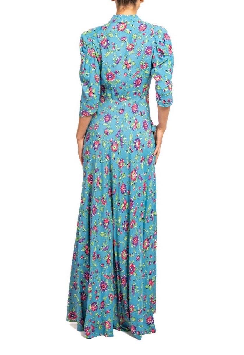 1940S Blue & Pink Floral Cold Rayon Zipper Front Dress For Sale 5