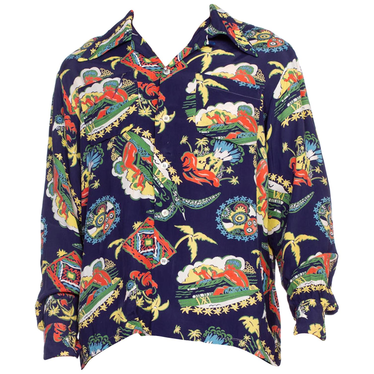 1940S Blue Rayon Men's Hawaiian Volcano Printed Rare Long Sleeve Shirt