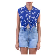 1940S Blue Rayon Polka Dot Rooster Novelty Print Sleeveless Top