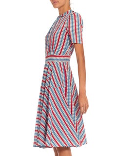 1940S Blue & Red Plaid Cotton Seersucker Peter Pan Collar Dress