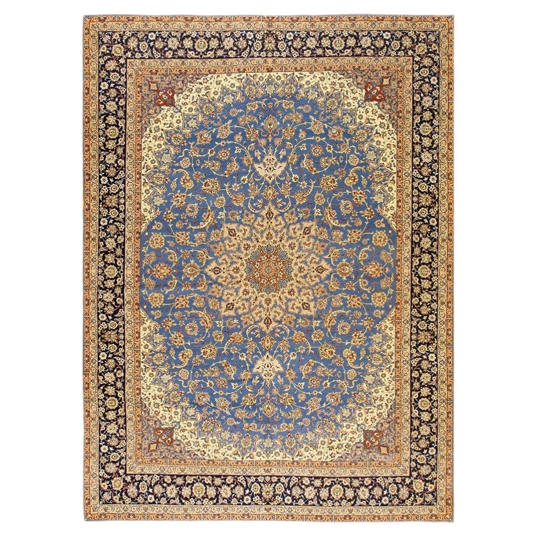 1940s Blue Traditional Floral Antique Esfahan Formal Handknotted Wool Carpet Rug