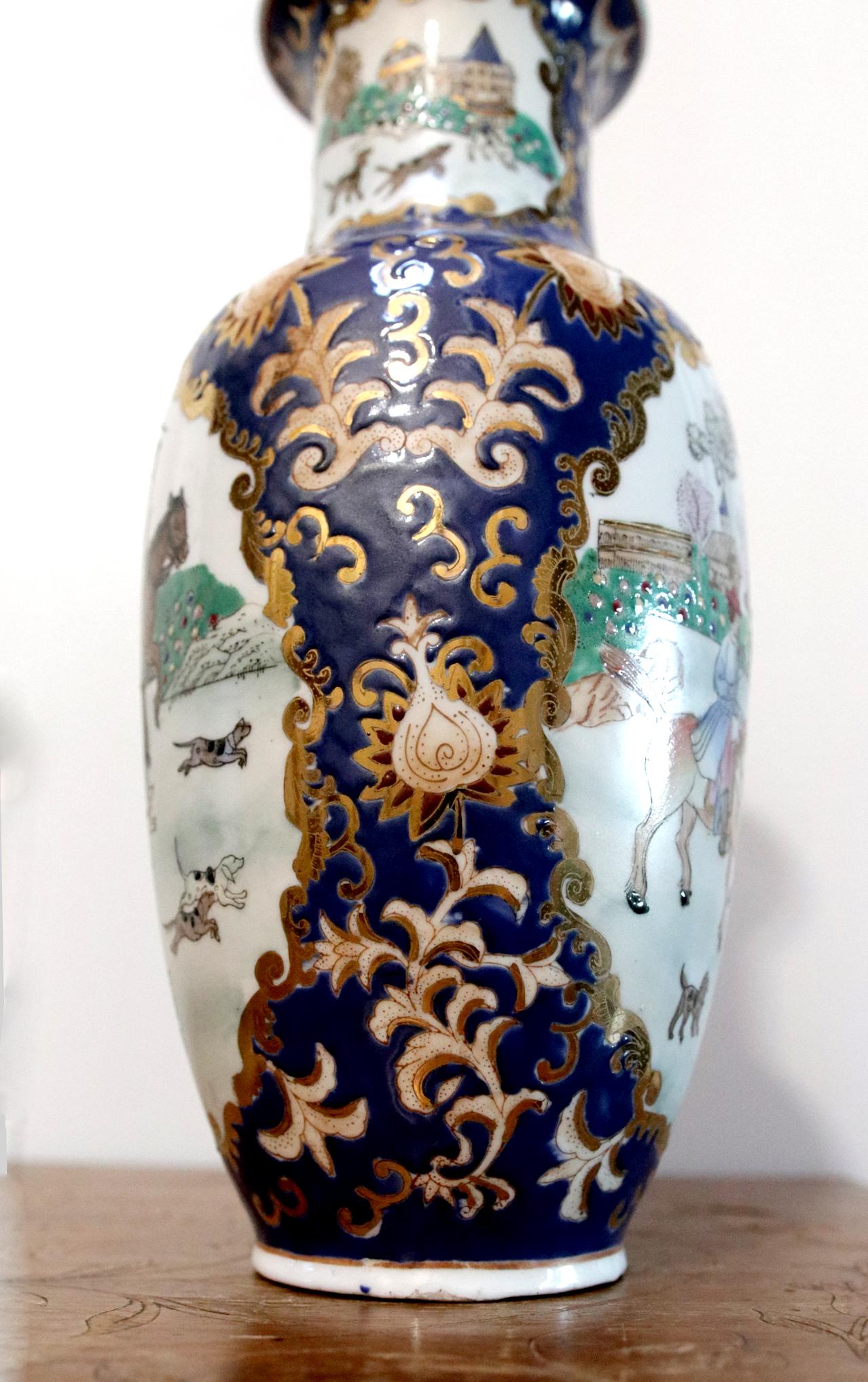 Chinese 1940s Blue, White and Gilt Baluster Vase with Asian Men on Horseback, Hunt Scene For Sale