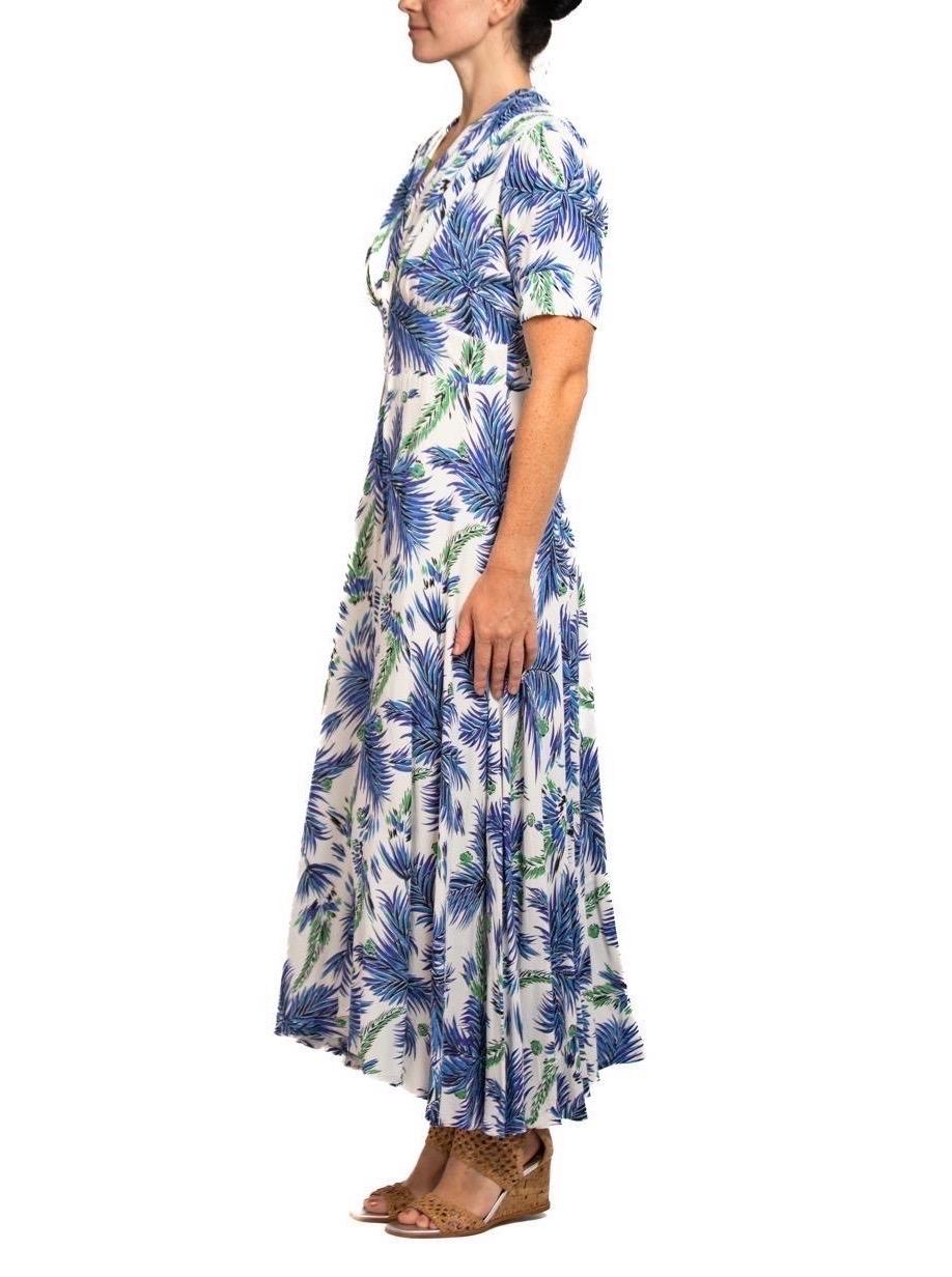 1940S Blue & White Cold Rayon Floral Print Zip-Front Dress For Sale 3