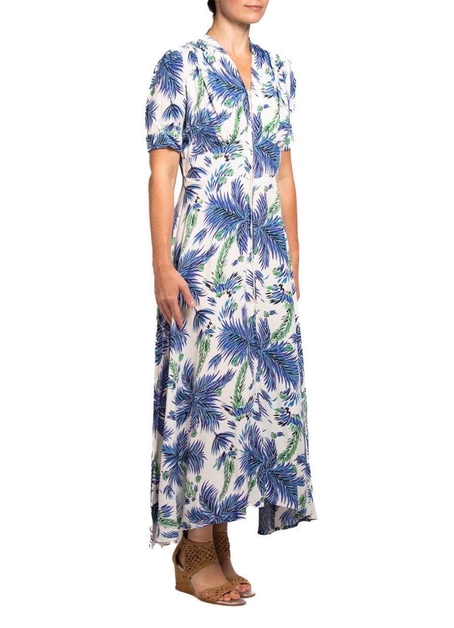 1940S Blue & White Cold Rayon Floral Print Zip-Front Dress For Sale 4