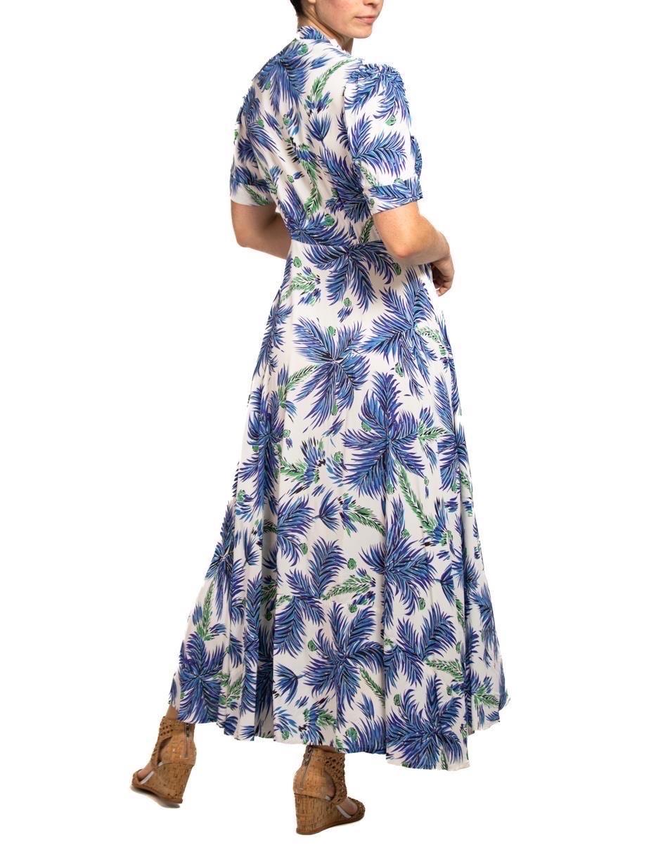 1940S Blue & White Cold Rayon Floral Print Zip-Front Dress For Sale 6