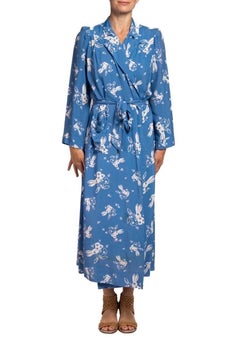 1940S Blue & White Cold Rayon Novelty  Bunny Print Wrap Dress
