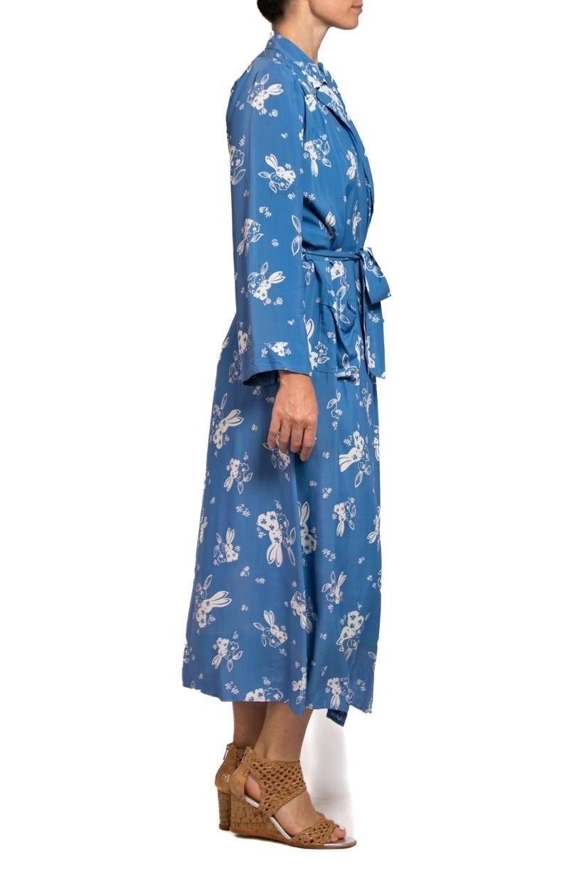 Women's 1940S Blue & White Cold Rayon Novelty  Bunny Print Wrap Dress For Sale