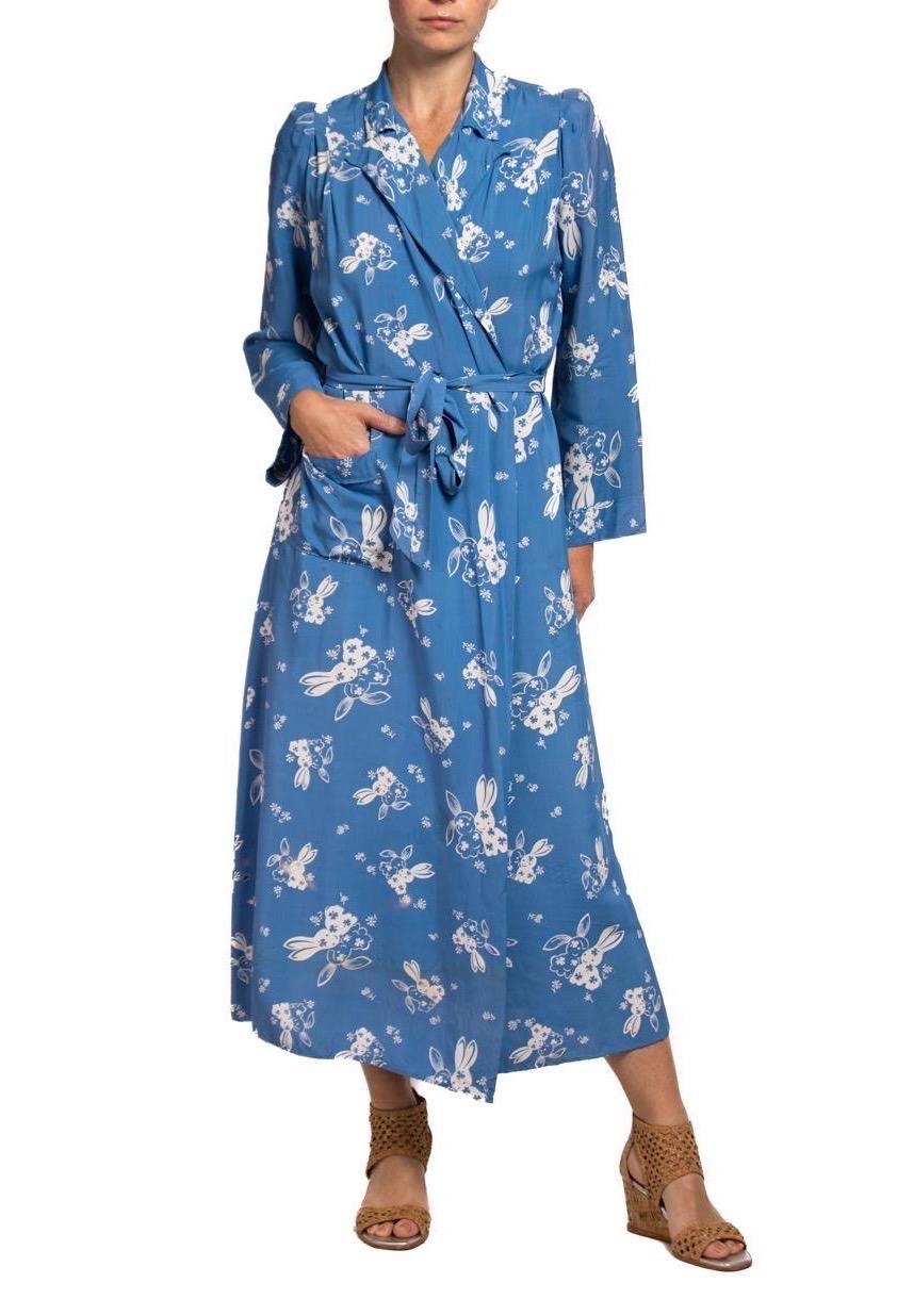 1940S Blue & White Cold Rayon Novelty  Bunny Print Wrap Dress For Sale 1
